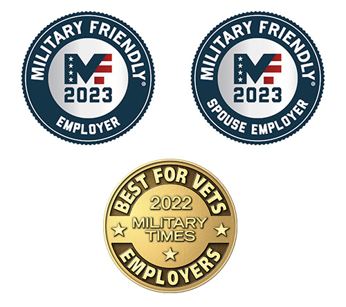 Award logos for Military Friendly 2023 Employer, 2023 Military Friendly Spouse Employer, 2022 Best For Vets Employers
