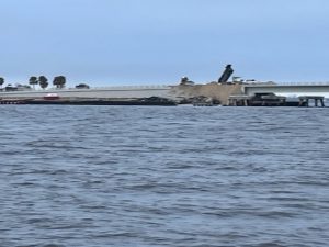 Photo of the damage done to the Sanibel Island causeway by Hurricane Ian.