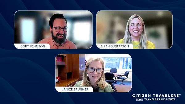 Cory Johnson, Co-Chair of the Travelers Military/Veterans and Allies Diversity Network, Ellen Gustafson, Executive Director and Co-Founder of We the Veterans and Military Families, and Janice Brunner, Group General Counsel and Head of Civic Engagement at Travelers on the Citizen Travelers Webinar.