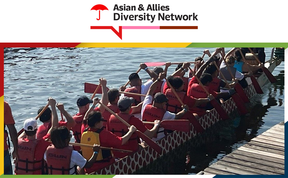 Asian & Allies Diversity Network. Team paddling together in a dragon boat race.