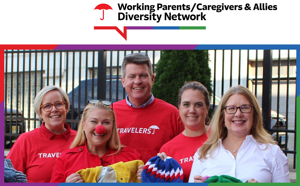 Working Parents/Caregivers & Allies Diversity Network. Group of smiling employees at a volunteer event.