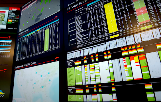 Close-up of Travelers catastrophe response dashboards showing ERT alert rosters, deployment status, and claim center maps with color-coded data.