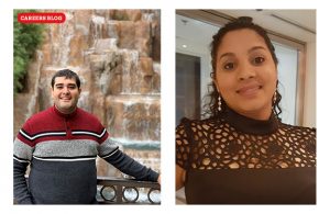 Photo of Moises and Taina. Moises is wearing red and gray and Taina is wearing black. They are both smiling.