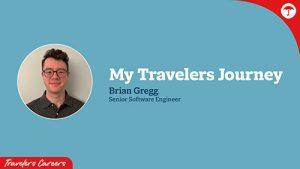 A blue presentation slide titled "My Travelers Journey" featuring a circular headshot photo of Brian Gregg, a man with glasses and dark hair wearing a dark collared shirt. Below his photo is his name "Brian Gregg" and title "Senior Software Engineer." The Travelers logo appears in the bottom left corner, and there's a red circular element with the Travelers umbrella logo in the top right corner.