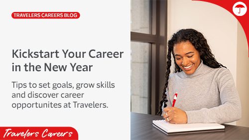 A smiling woman with long dark hair wearing a light gray sweater sits at a desk writing in a notebook with a red pen. Text overlay reads 'Kickstart Your Career in the New Year: Tips to set goals, grow skills and discover career opportunities at Travelers.' The image includes the Travelers Careers Blog banner and Travelers logo.