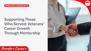 Professional handshake between two people in business attire, with one person wearing a striped shirt, accompanying an article titled "Supporting Those Who Served: Veterans' Career Growth Through Mentorship" from the Travelers Careers blog.