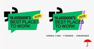 Two Glassdoor's Best Places to Work 2026 award logos displayed side by side on a light background. The logos feature green speech bubble designs with black text and yellow '2026' banners. Below the logos is text reading 'CONSULTING | FINANCE | INSURANCE' and a red umbrella icon appears in the bottom right corner.