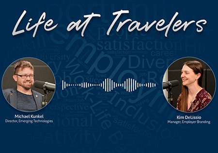Promotional graphic for the 'Life at Travelers' podcast featuring two circular profile photos connected by an audio waveform. On the left is Michael Kunkel, Director of Emerging Technologies, a man with glasses and facial hair in a recording studio setting. On the right is Kim DeLissio, Manager of Employer Branding, a woman with dark hair also in a recording studio environment. The background is dark blue with subtle text elements, indicating an audio content format focused on employee experiences and workplace culture at Travelers.