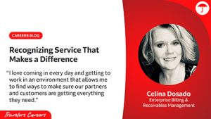 Headshot of Celina Dosado, Enterprise Billing & Receivables Management employee at Travelers, smiling professionally against a red background. Text reads 'Recognizing Service That Makes a Difference' with her quote about creating a supportive work environment for partners and customers."
