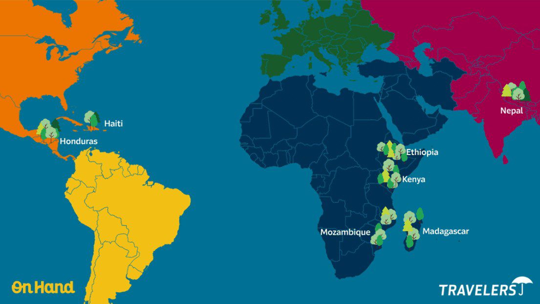 World map showing Travelers Europe reforestation project locations in Ethiopia, Haiti, Honduras, Kenya, Madagascar, Mozambique, and Nepal