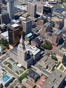 The aerial view of the Travelers Tower in downtown Hartford, Connecticut.