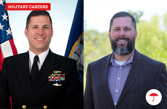 Christian Beisel in his Navy uniform and as a civilian Travelers employee.