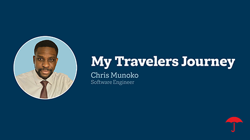 Chris Munoko, a Travelers employee, smiling in a professional headshot, representing career growth and diversity at Travelers.