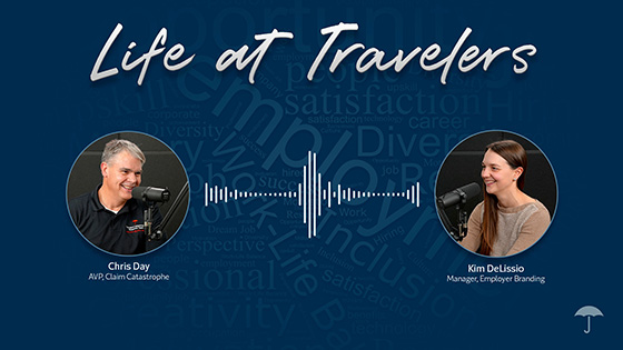 Life at Travelers. Photo of Chris Day, AVP of Claim Catastrophe. Photo of Kim DeLissio, Manager, Employer Branding. Wavelength lines depicting audio speech between them.