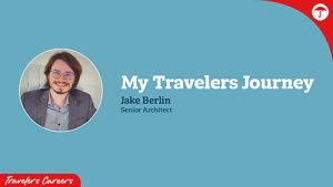 A blue presentation slide titled "My Travelers Journey" featuring a circular headshot photo of Jake Berlin, a man with glasses and dark hair wearing a dark blazer and a light collared shirt. Below his photo is his name "Jake Berlin" and title "Senior Architect." The Travelers logo appears in the bottom left corner, and there's a red circular element with the Travelers umbrella logo in the top right corner.