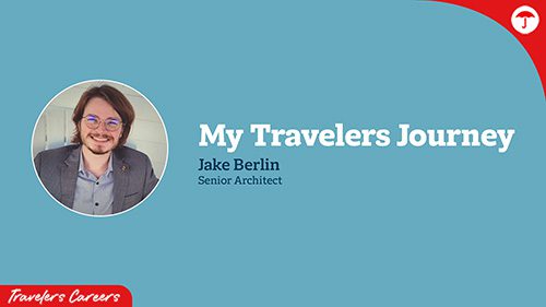 A blue presentation slide titled "My Travelers Journey" featuring a circular headshot photo of Jake Berlin, a man with glasses and dark hair wearing a dark blazer and a light collared shirt. Below his photo is his name "Jake Berlin" and title "Senior Architect." The Travelers logo appears in the bottom left corner, and there's a red circular element with the Travelers umbrella logo in the top right corner.
